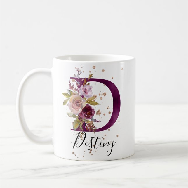 Mug LETTRE Florale DE CRÈME ROSE DE BOURGOGNE D MONogr (Gauche)