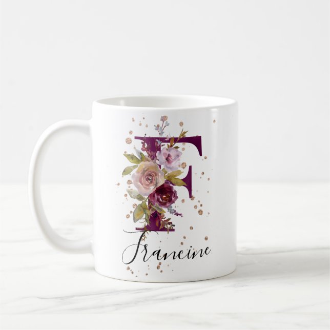 Mug LETTRE FLORALE DE CRÈME ROSE DE BOURGOGNE F MONogr (Gauche)