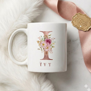 Mug Lettre Florale en Or Rose Personnalisée I Monogram