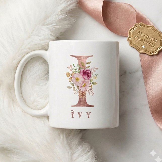 Mug Lettre Florale en Or Rose Personnalisée I Monogram (Créateur téléchargé)