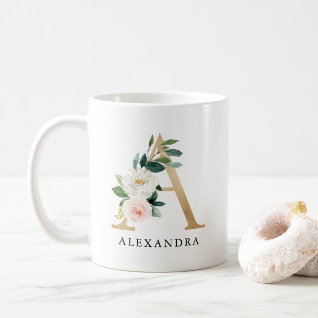 Mug LETTRE Florale et or rose pâle A Monogramme (Avec donut)