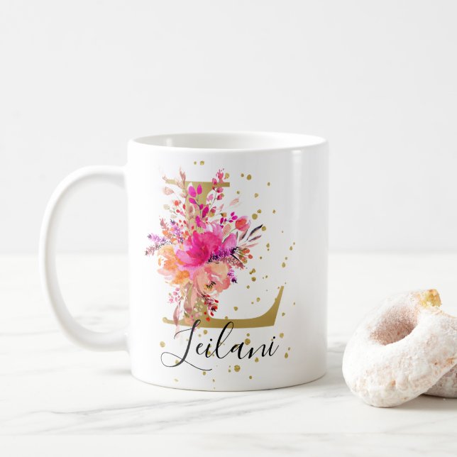 Mug LETTRE Florale Lumineuse Rose Chaud L MONO (Avec donut)
