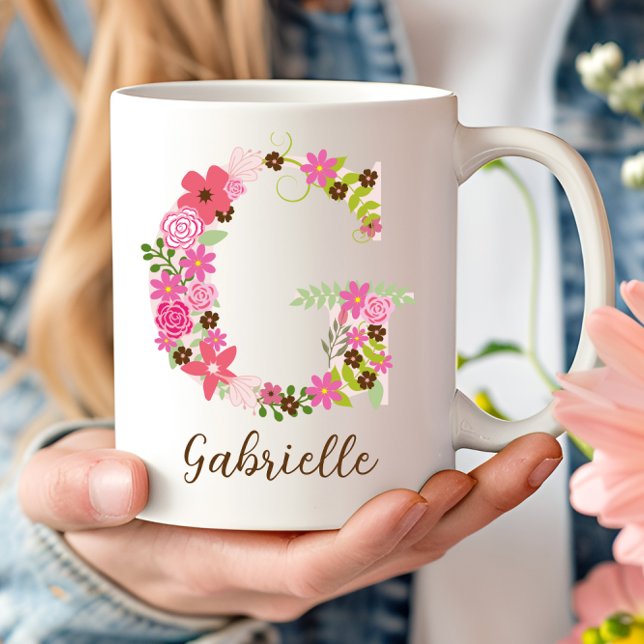 Mug LETTRE Florale MONGRAPHIQUE PERSONNALISÉE G (Personalized Monogram Floral Letter G Coffee Mug)