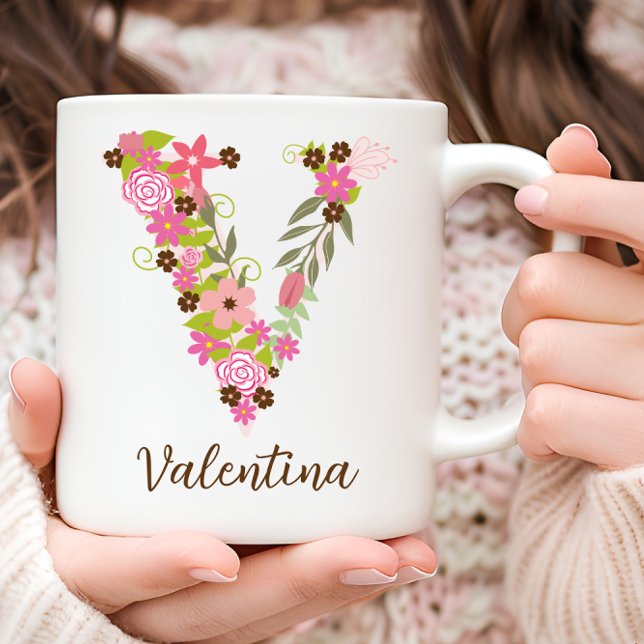 Mug LETTRE Florale MONGRAPHIQUE V PERSONNALISÉE (Personalized Monogram Floral Letter V Coffee Mug)