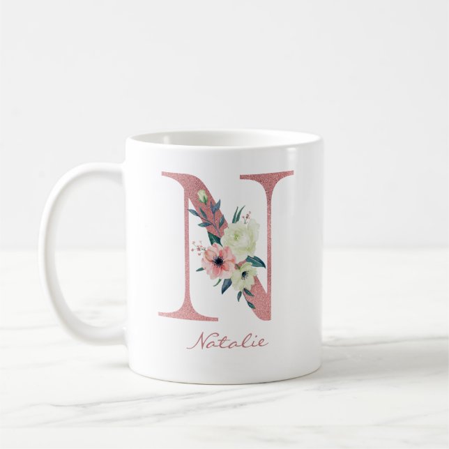 Mug Lettre florale N Initial - Bouquet rose et ivoire (Gauche)
