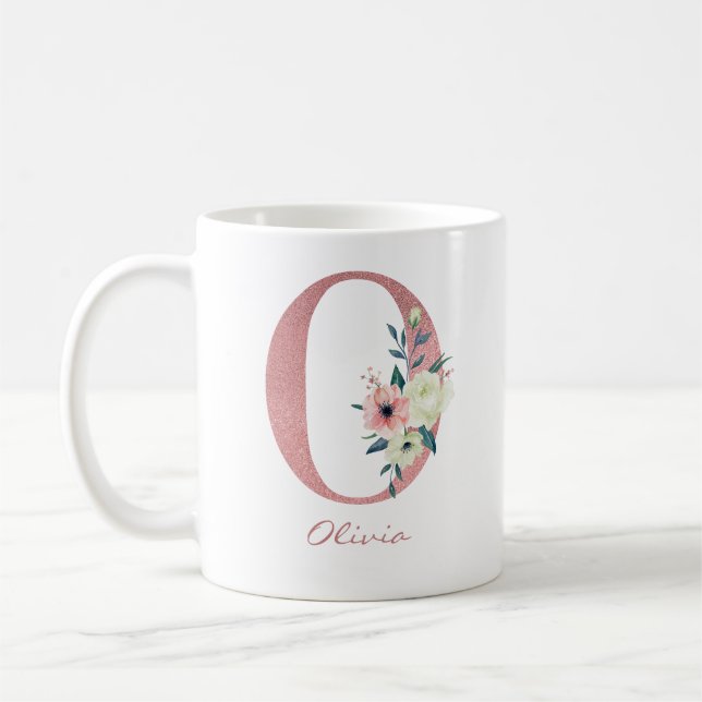 Mug LETTRE Florale O INITIALE - Bouquet rose et ivoire (Gauche)