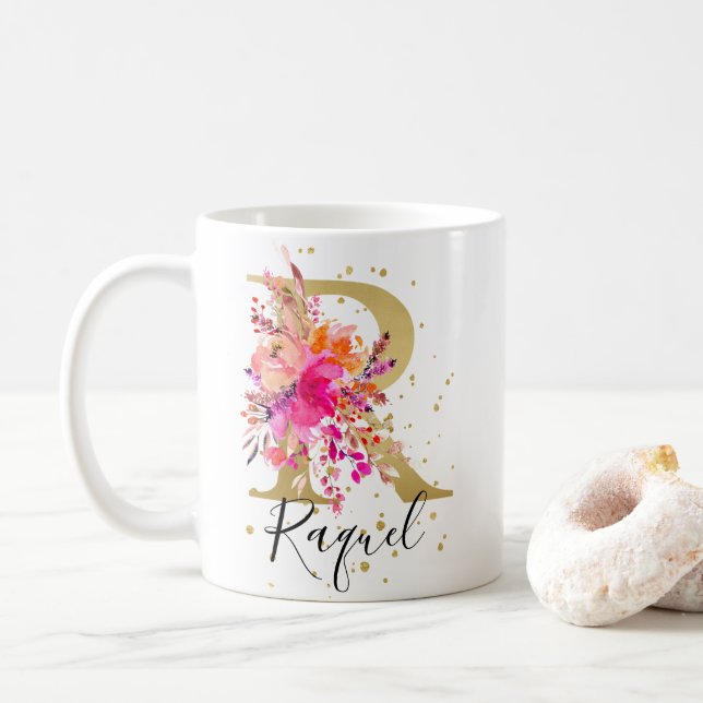 Mug LETTRE FLORALE PLEINE CHAUDE R MONogramme (Avec donut)