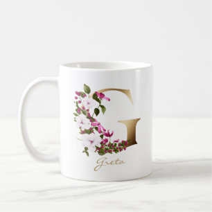 Mug Lettre G or Monogramme  Flore verte magenta blanch