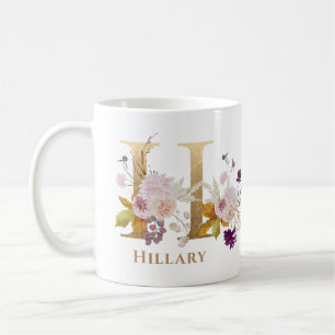 Mug Lettre H - Gold Floral Nom soeur collègue ami coll
