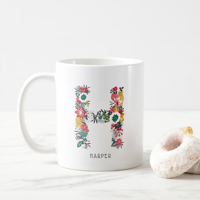 Mug Lettre H | LETTRE FLEURIE Whimsical Monogramme I M (Avec donut)