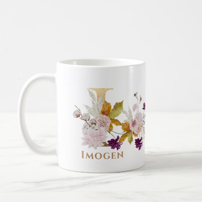 Mug Lettre I - Gold Floral Nom soeur collègue ami coll (Gauche)