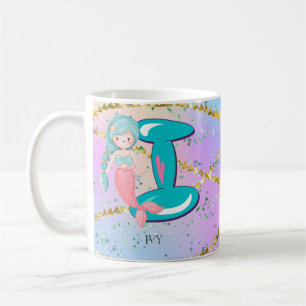 Mug Lettre I Monogramme Aquarelle mignonne Sirène