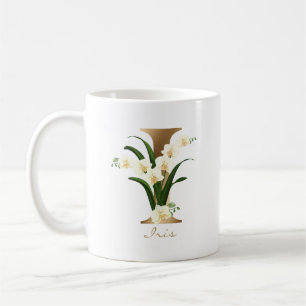 Mug Lettre I Monogramme d'or   Orchidées florales blan