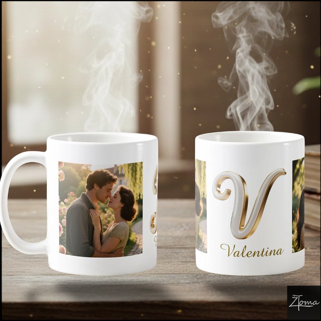 Mug Lettre initiale luxe cursive or blanc V + 2 PHOTO (Créateur téléchargé)