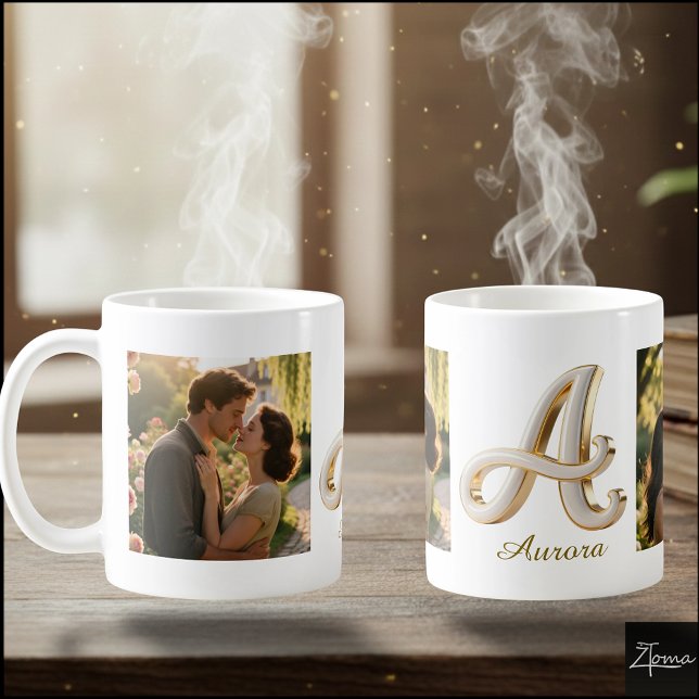 Mug Lettre initiale luxe en cursive or blanc A + 2 PHO (Créateur téléchargé)