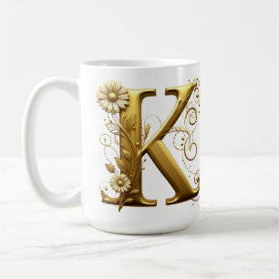 Mug Lettre K dorée élégante avec embellissements flora
