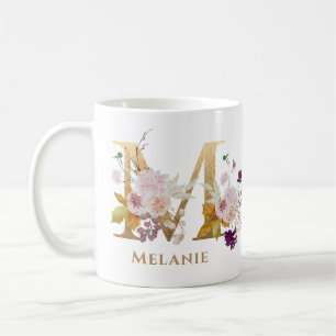Mug Lettre M - Gold Floral Nom soeur collègue ami coll
