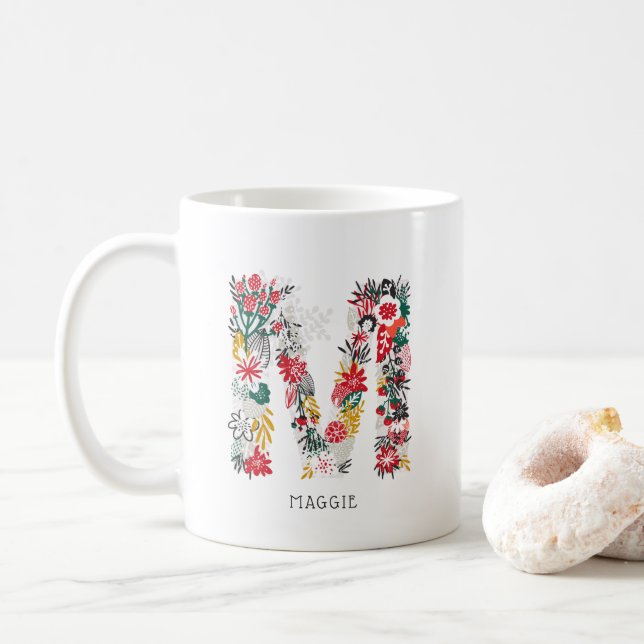 Mug Lettre M | LETTRE FLEURIE Whimsical Monogramme I M (Avec donut)