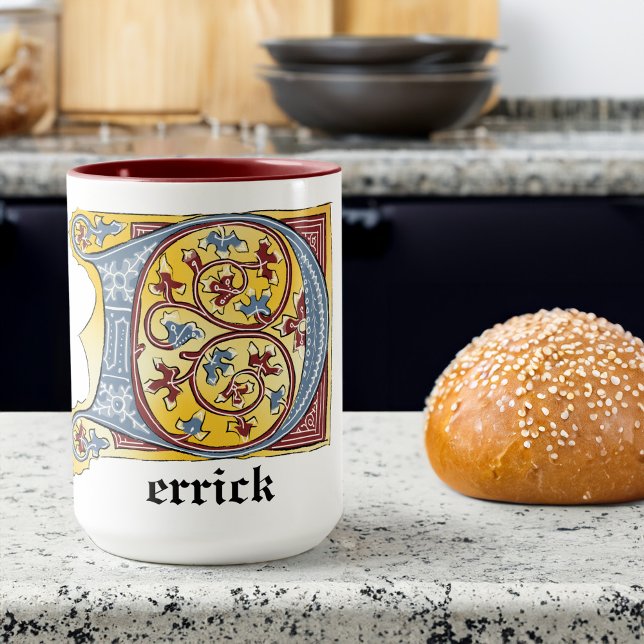 Mug Lettre médiévale bleue et rouge ivoire illuminée D (Créateur téléchargé)