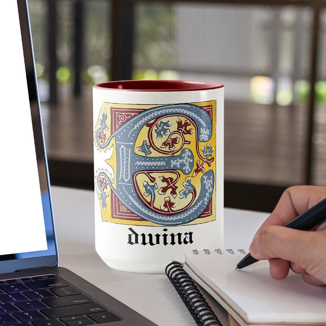 Mug Lettre médiévale bleue et rouge ivoire illuminée E (Créateur téléchargé)