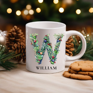 Mug Lettre monogramme de Noël botanique personnalisée