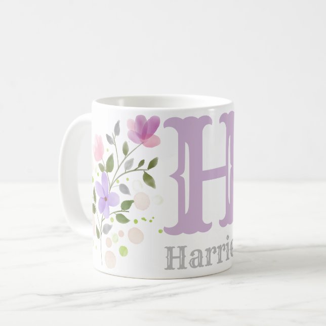 Mug Lettre monogramme H & Nom avec Fleurs (Devant gauche)