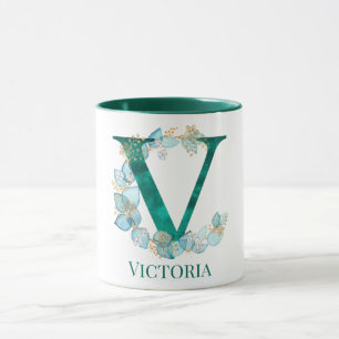 Mug Lettre monogramme V en aquarelle sarcelle et or