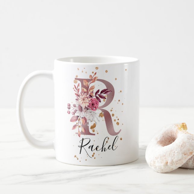 Mug LETTRE MONOGRAPHIQUE Florale Rose Mauve Rose Dustè (Avec donut)