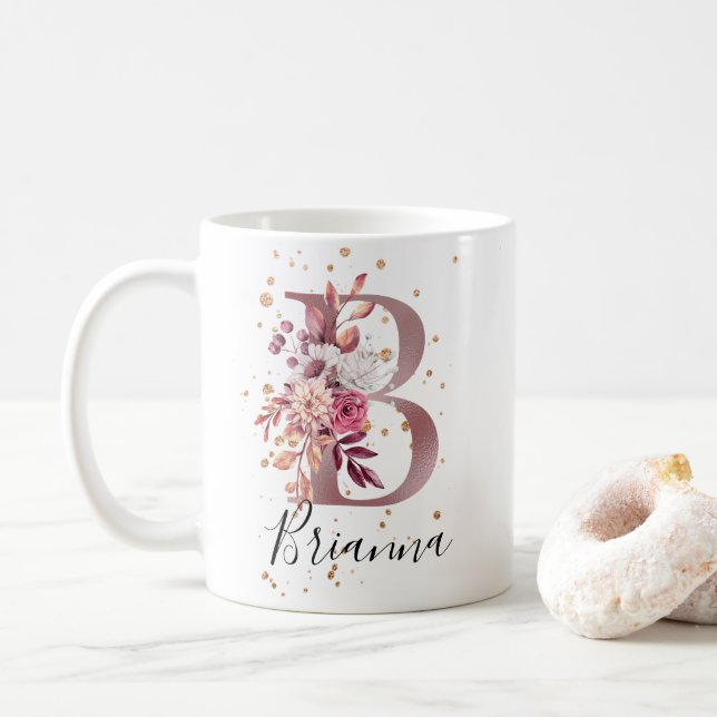 Mug LETTRE MONOGRAPHIQUE Florale Rose Mauve Rose Duste (Avec donut)