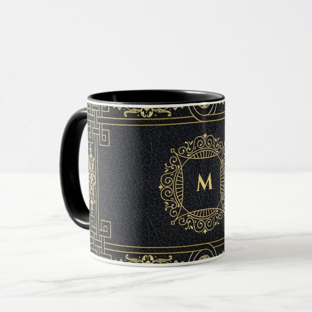 Mug LETTRE MONOGRAPHIQUE NOIR EN cuir Or Art Déco Café (Devant gauche)