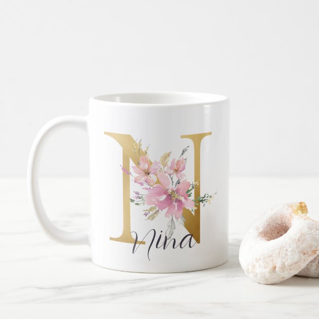 Mug LETTRE MONOGRAPHIQUE OR Floral Rose Élégante N (Avec donut)