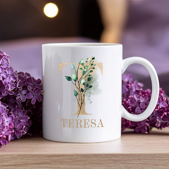 Mug LETTRE MONOGRAPHIQUE OR T Aquarelle Florale (Créateur téléchargé)