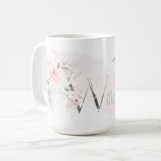 Mug LETTRE MONOGRAPHIQUE ROSE BLANCHE Délicate W (Devant gauche)