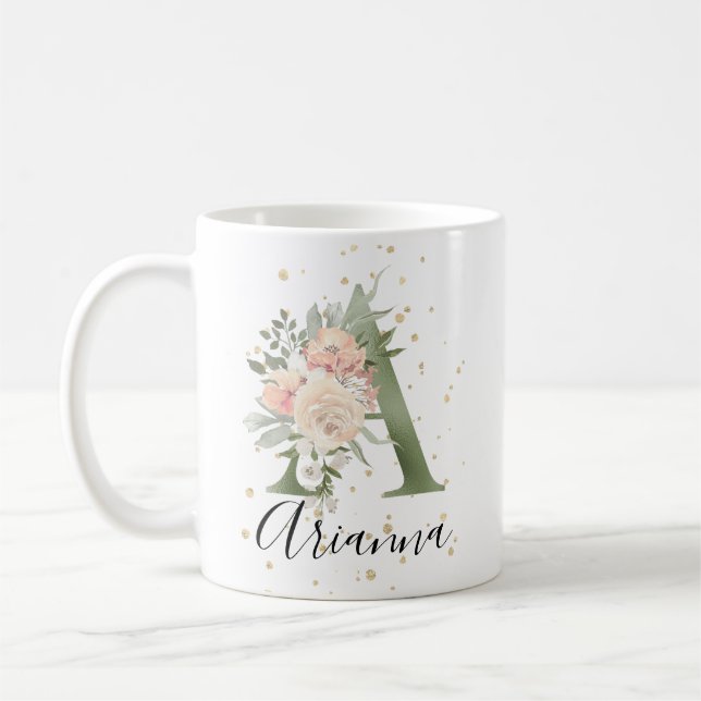 Mug LETTRE MOTOGRAPHIQUE VERTE Sage A Peach Floral Bei (Gauche)