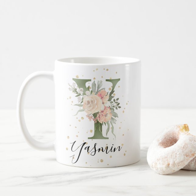 Mug LETTRE MOTOGRAPHIQUE VERTE Sage Y CRÈME BLANCHE Fl (Avec donut)