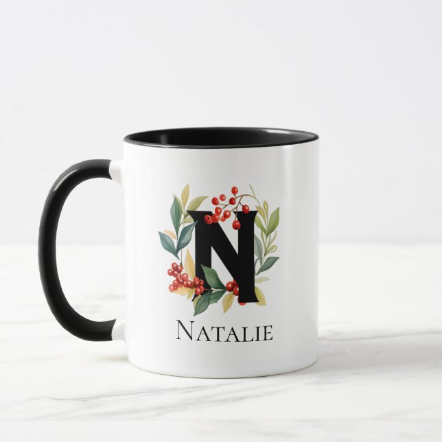 Mug Lettre N Monogramme initiale Noël Berry Wreath (Gauche)