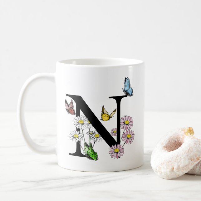 Mug LETTRE N MONOGRAPHIQUE BROUILLON D'AQUATIE Florale (Avec donut)