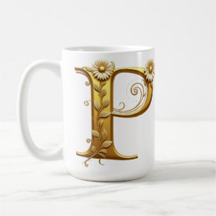 Mug Lettre P dorée élégante avec embellissements flora