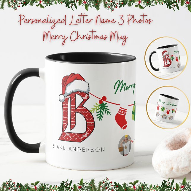Mug Lettre personnalisée Nom 3 Photos Joyeux Noël (Créateur téléchargé)