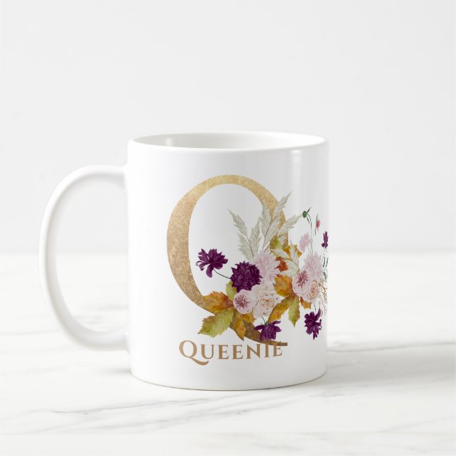 Mug Lettre Q - Gold Floral Nom soeur collègue ami coll (Gauche)