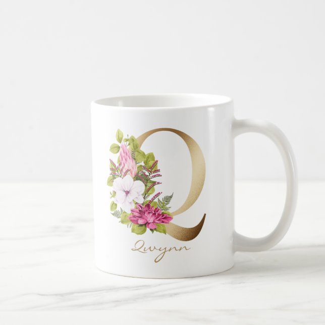 Mug Lettre Q Monogramme or rose blanc magenta Floral (Droite)