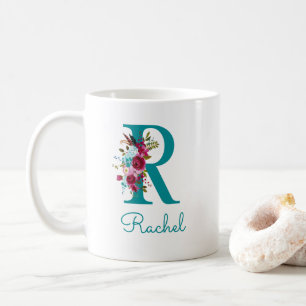 Mug Lettre R Floral rose Turquoise