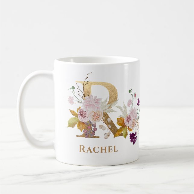 Mug Lettre R - Gold Floral Nom soeur collègue ami coll (Gauche)