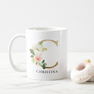 Mug Lettre rose florale et or C Monogramme