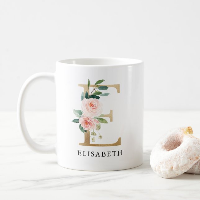 Mug Lettre rose rose et or E Monogramme (Avec donut)