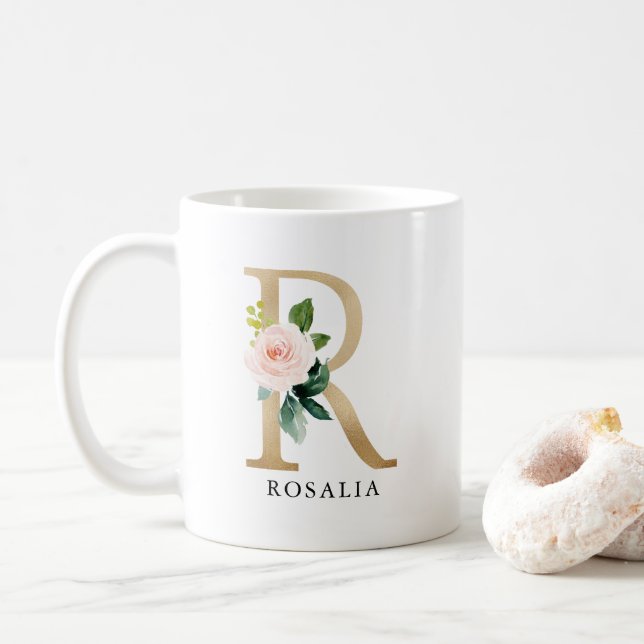 Mug Lettre rose rose et or R Monogramme (Avec donut)