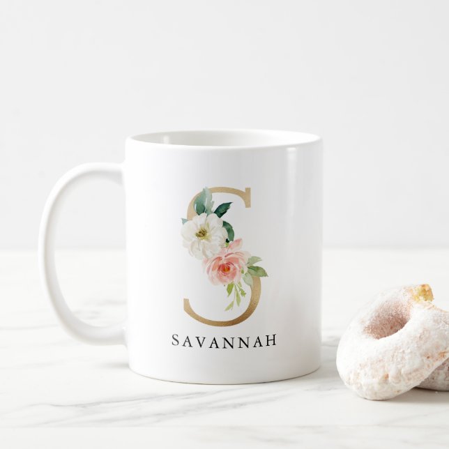 Mug Lettre rose rose et or S Monogramme (Avec donut)