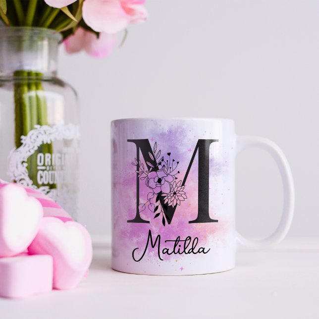 Mug Lettre rose violet noire Florale Monogramme M Café (Créateur téléchargé)