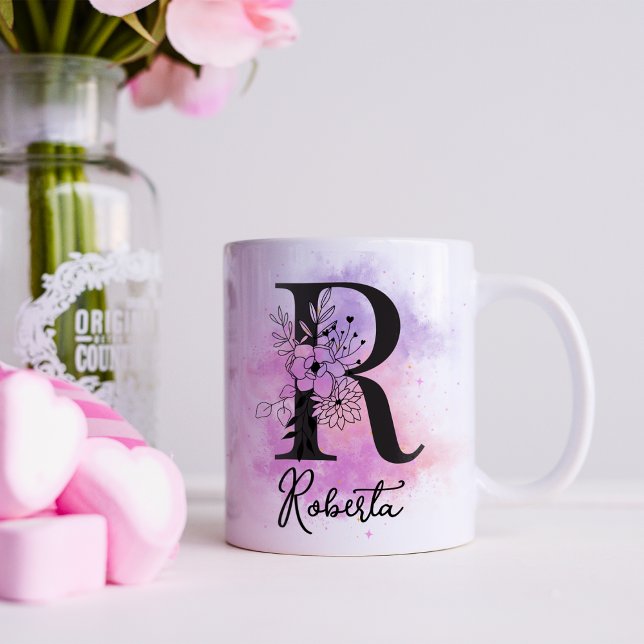 Mug Lettre rose violet noire Florale Monogramme R (Créateur téléchargé)