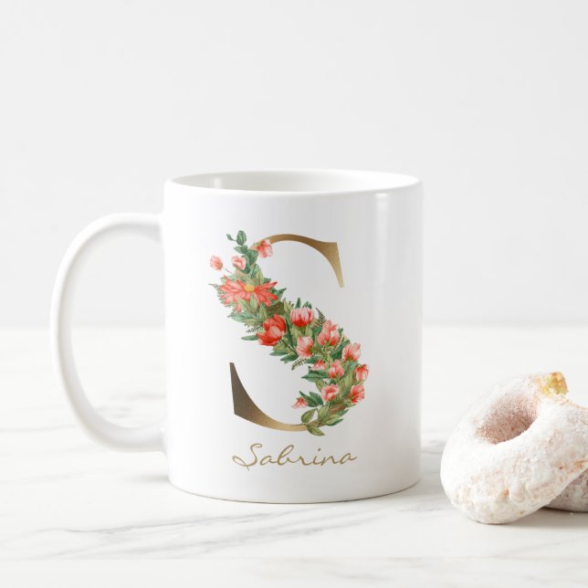 Mug Lettre S Monogramme Or Floral Orange (Avec donut)